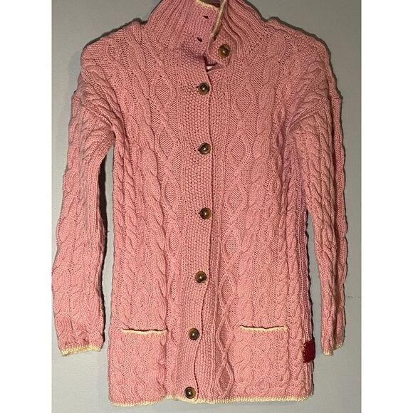 Scotland Wool Pink Cable knit Cardigan Sweater with Buttons and Pickets - Picture 1 of 8